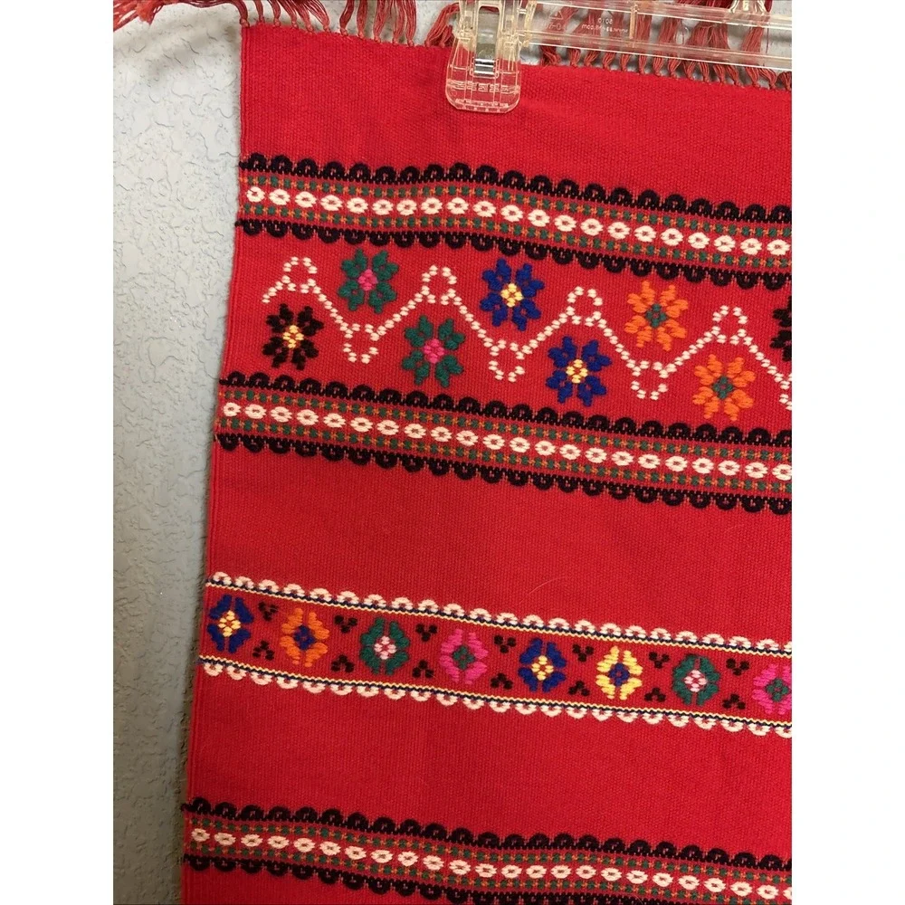 Mid Century Table Runner Red Wool Folk Embroidered Geometric MCM Holiday Vintage